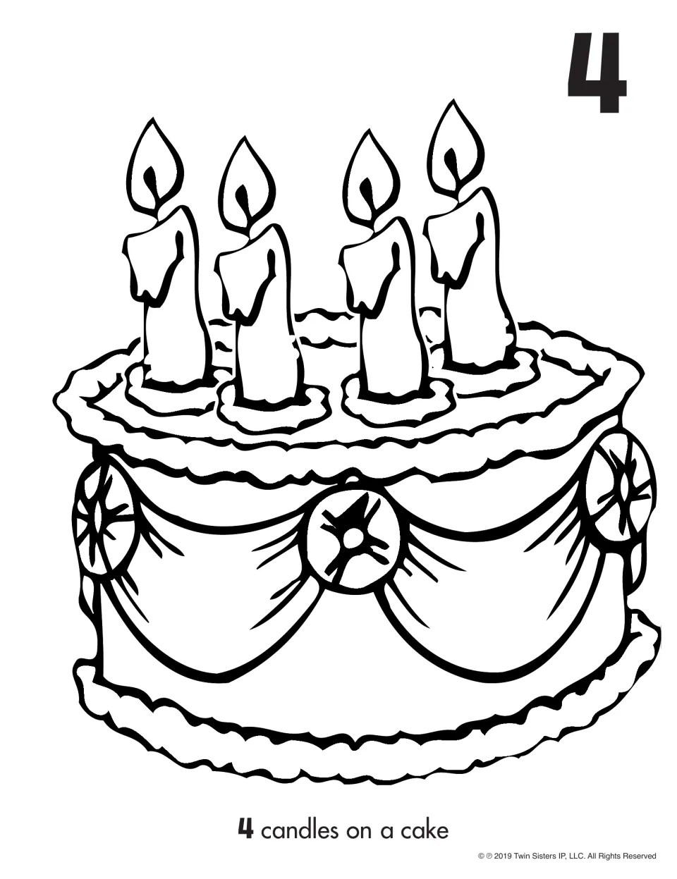 Number 4 coloring activity showing a birthday cake with four lit candles and the words “4 candles on a cake”