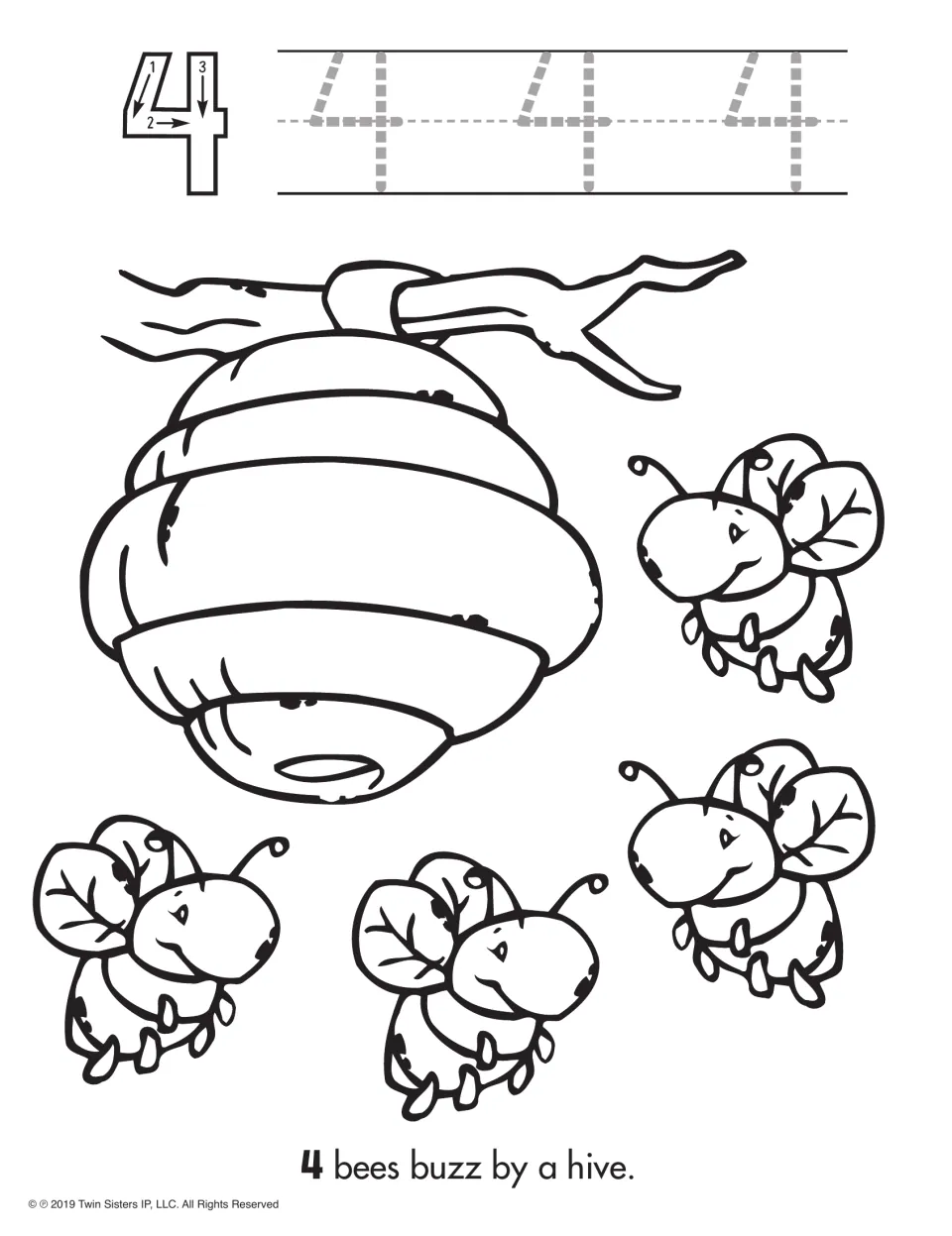 Number 4 tracing and coloring activity with stroke arrows, three traceable 4s, and four bees beside a hive