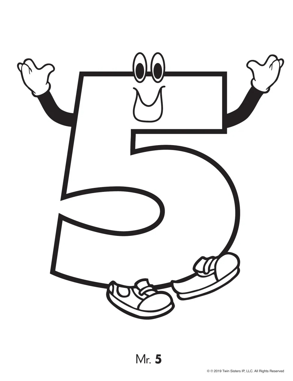 Number 5 coloring page featuring a large smiling numeral with arms, hands, and shoes, labeled “Mr. 5”