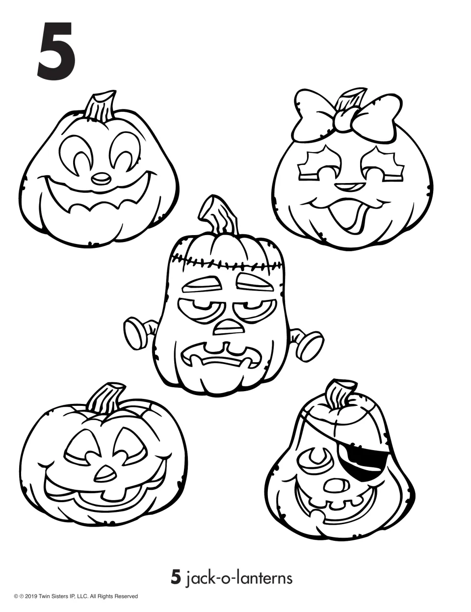 Number 5 coloring and counting activity featuring five pumpkins with different faces, labeled “5 jack-o-lanterns”