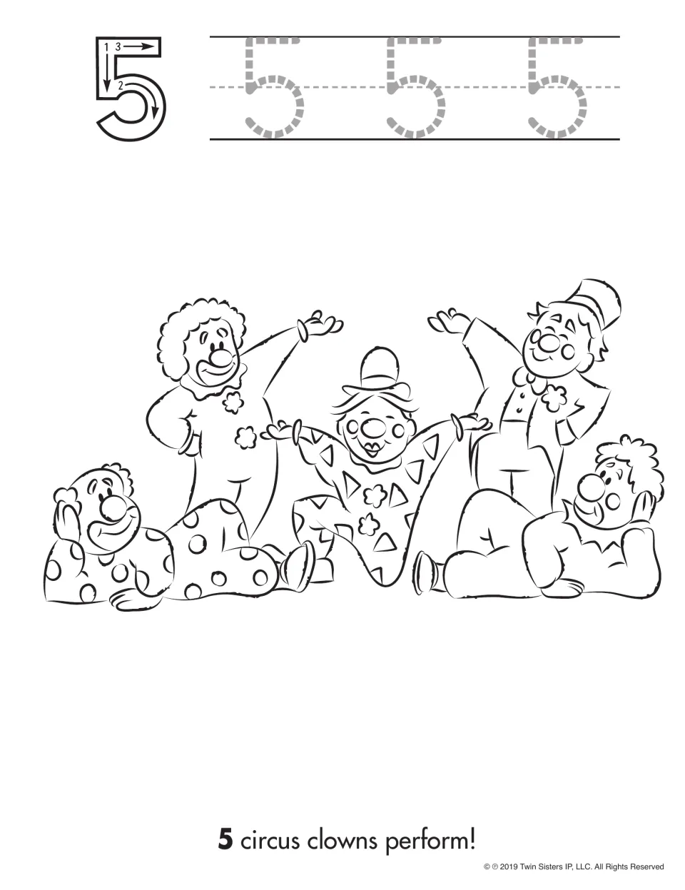 Number 5 tracing and coloring activity with stroke arrows, three traceable 5s, and five circus clowns