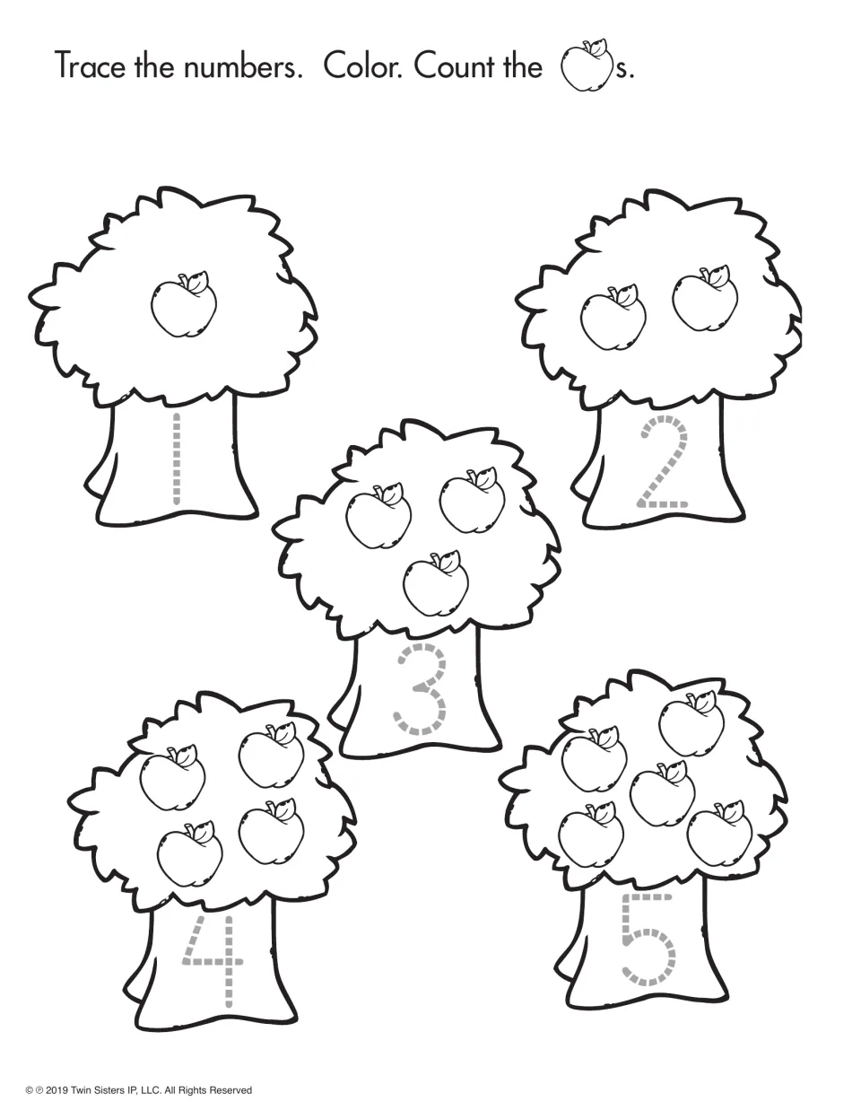 Number tracing and counting activity with five apple trees holding one to five apples and traceable numerals 1–5
