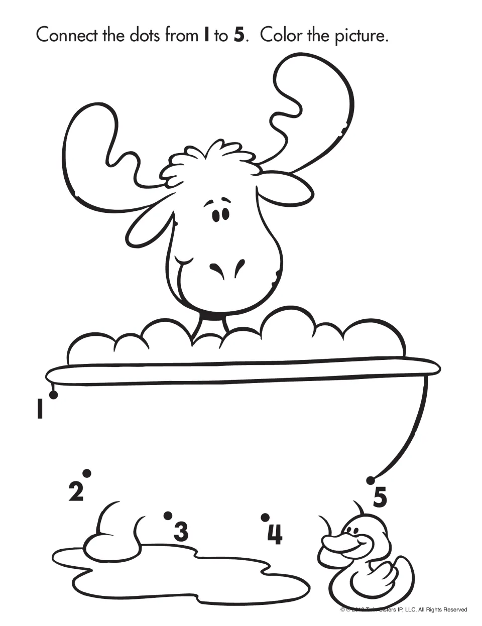 Connect-the-dots activity using numbers 1–5 to complete a bathtub picture with a moose, then color it