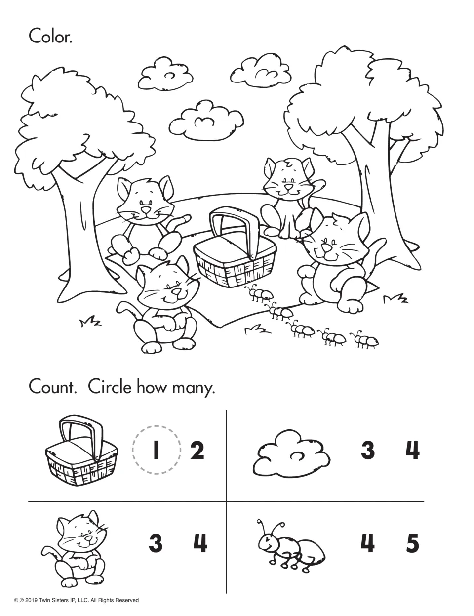 Coloring and counting activity featuring a cat picnic; count baskets, clouds, cats, and ants, then circle totals