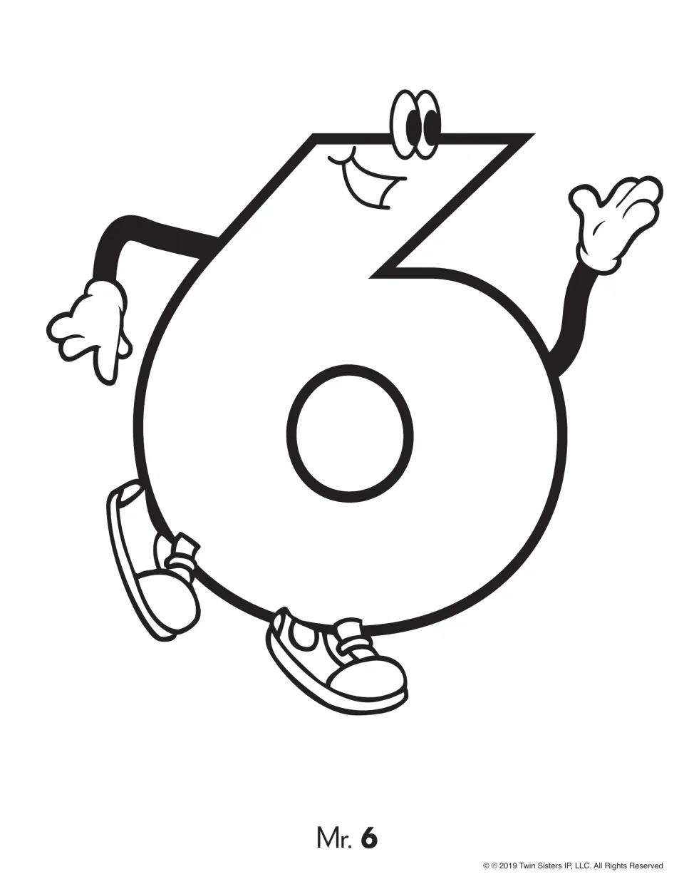 Number 6 coloring page featuring a large smiling numeral with arms, hands, and shoes, labeled “Mr. 6”