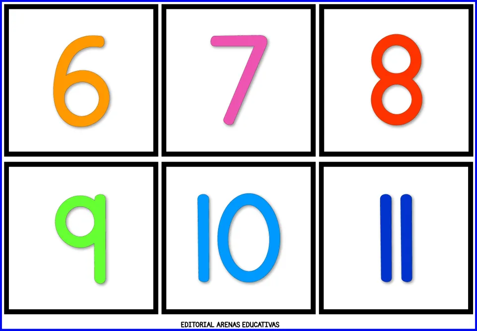 Number flashcard sheet 2: numerals 6, 7, 8, 9, 10, and 11 in color for learning to recognize numbers.