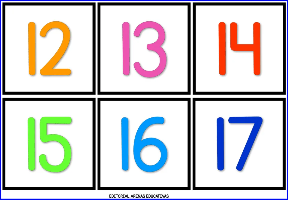Number flashcard sheet 3: numerals 12, 13, 14, 15, 16, and 17 in color for learning to recognize numbers.