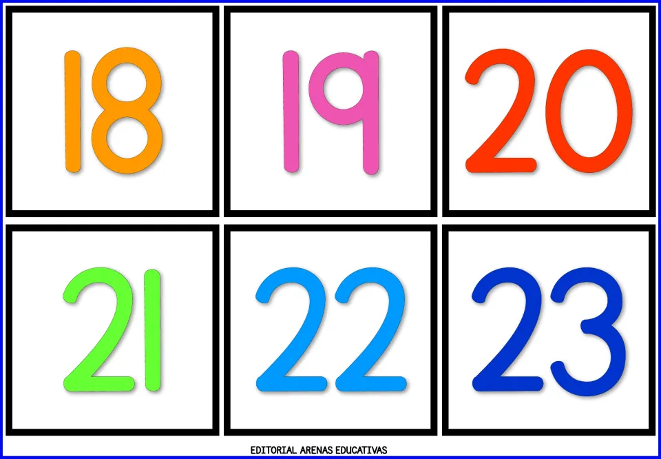Number flashcard sheet 4: numerals 18, 19, 20, 21, 22, and 23 in color for learning to recognize numbers.