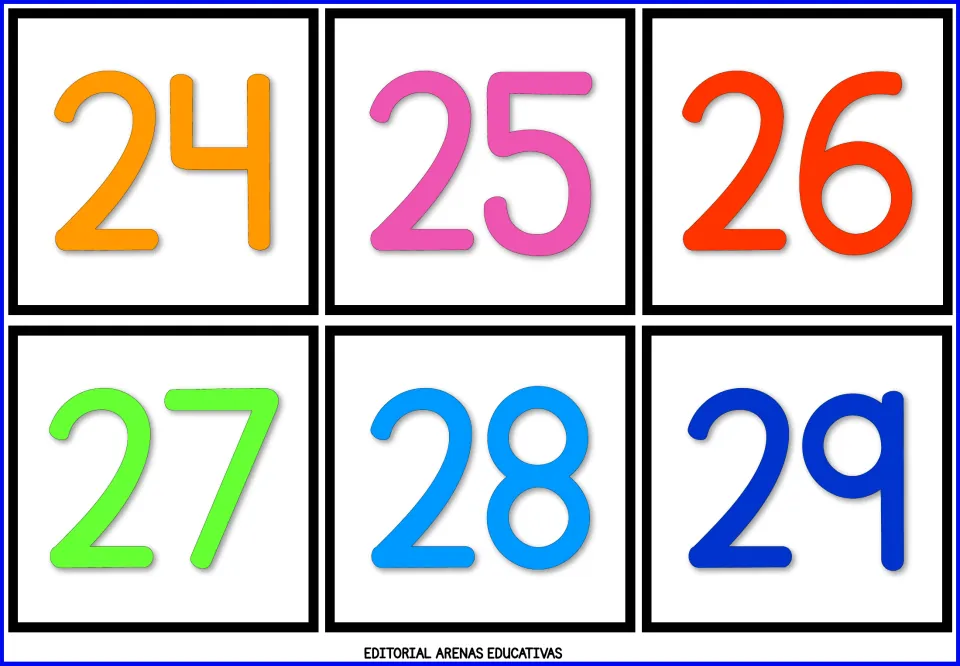 Number flashcard sheet 5: numerals 24, 25, 26, 27, 28, and 29 in color for learning to recognize numbers.