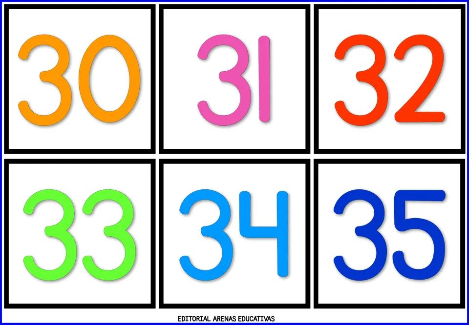 Number flashcard sheet 6: numerals 30, 31, 32, 33, 34, and 35 in color for learning to recognize numbers.