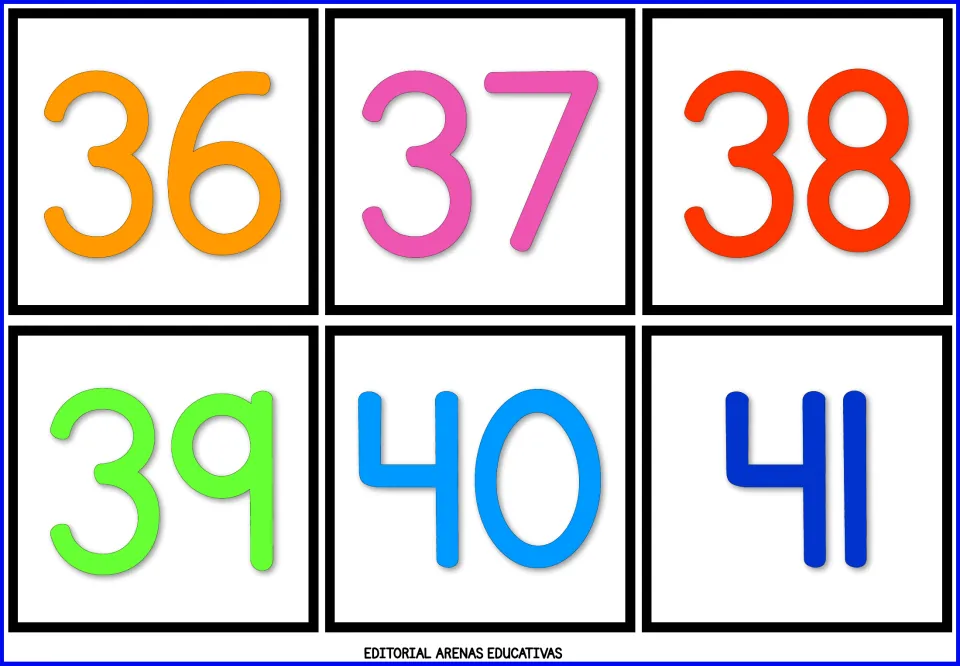Number flashcard sheet 7: numerals 36, 37, 38, 39, 40, and 41 in color for learning to recognize numbers.