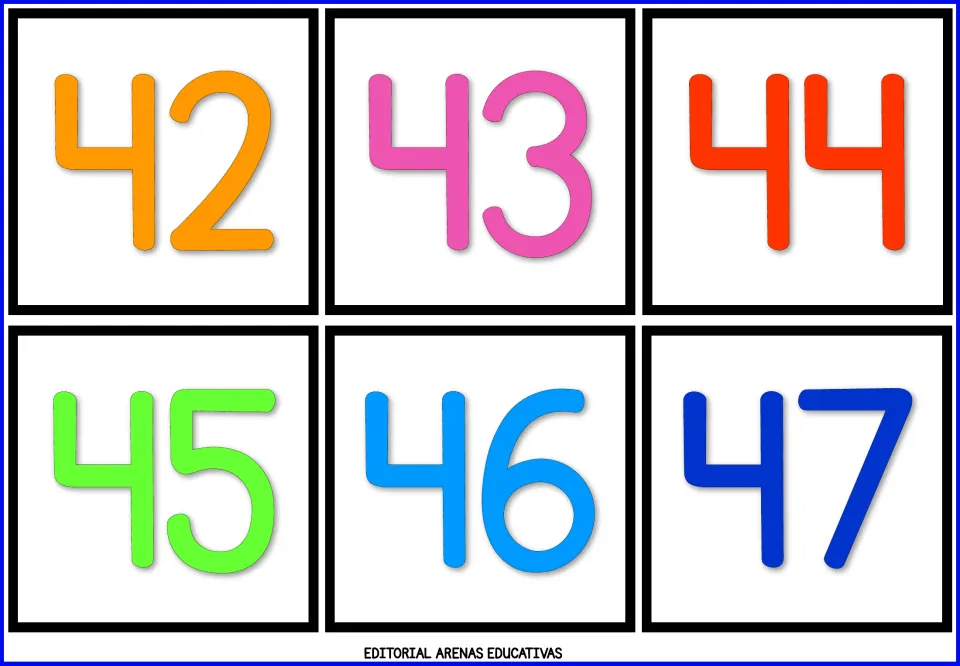 Number flashcard sheet 8: numerals 42, 43, 44, 45, 46, and 47 in color for learning to recognize numbers.