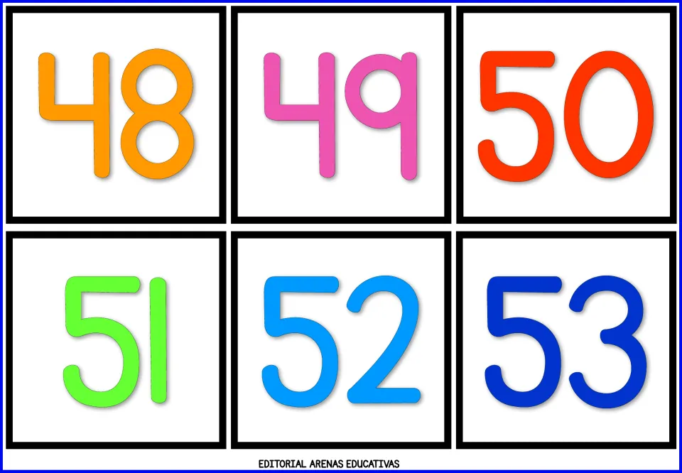 Number flashcard sheet 9: numerals 48, 49, 50, 51, 52, and 53 in color for learning to recognize numbers.