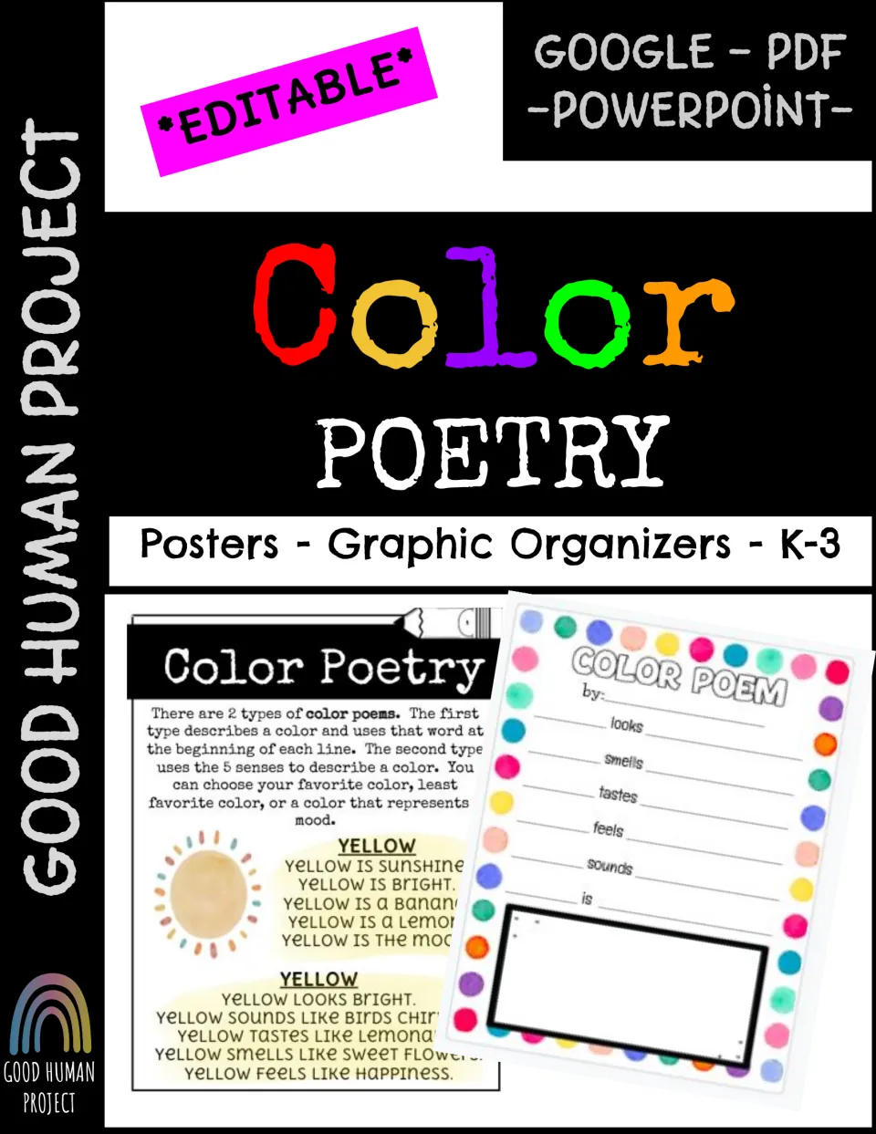 Color Poetry cover for K-3: editable posters and graphic organizers in Google, PDF and PowerPoint, with sample pages shown