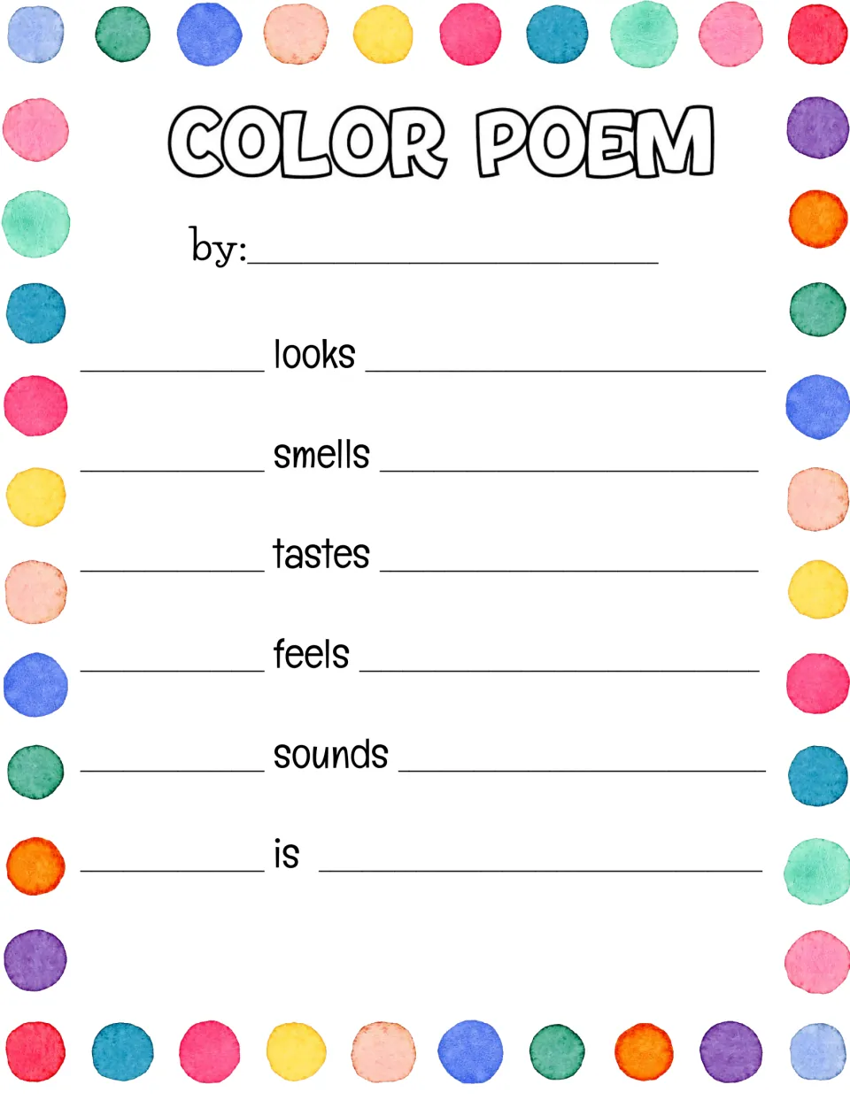 Color poem frame without a drawing space: students pick a color and finish six sentence starters from looks through is