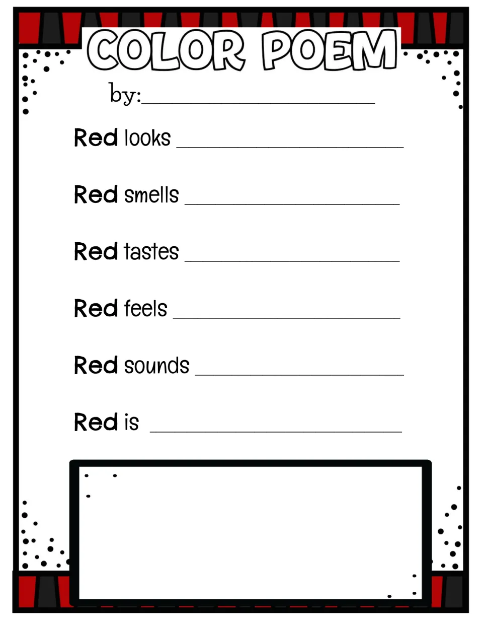 Red color poem: students complete Red looks, Red smells, Red tastes, Red feels, Red sounds and Red is, then illustrate