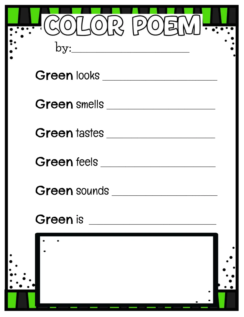 Green color poem: students describe green with the senses, completing Green looks, smells, tastes, feels, sounds and is
