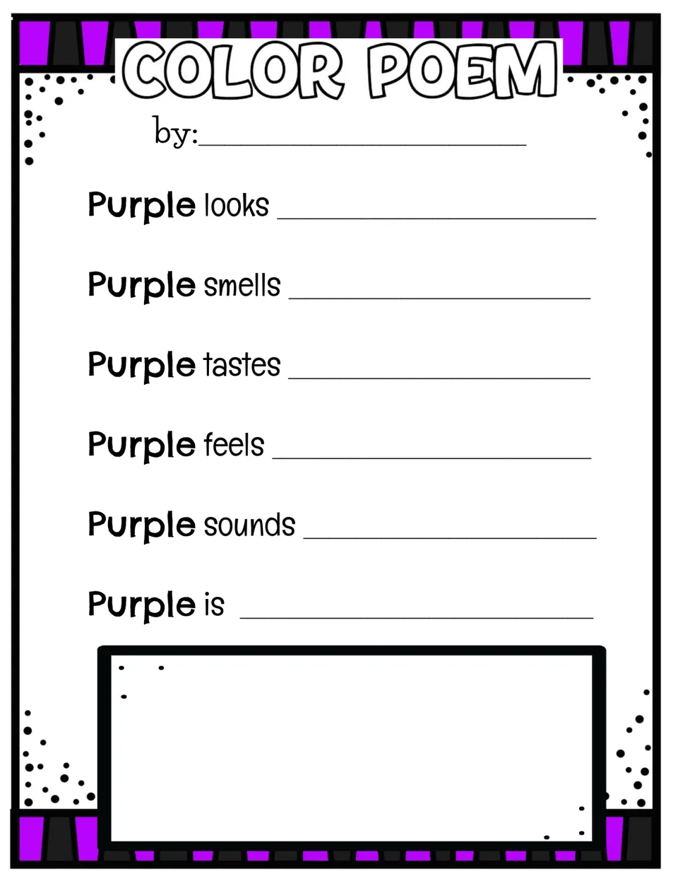 Purple color poem: students add sensory words after Purple looks, smells, tastes, feels, sounds and is, and illustrate it