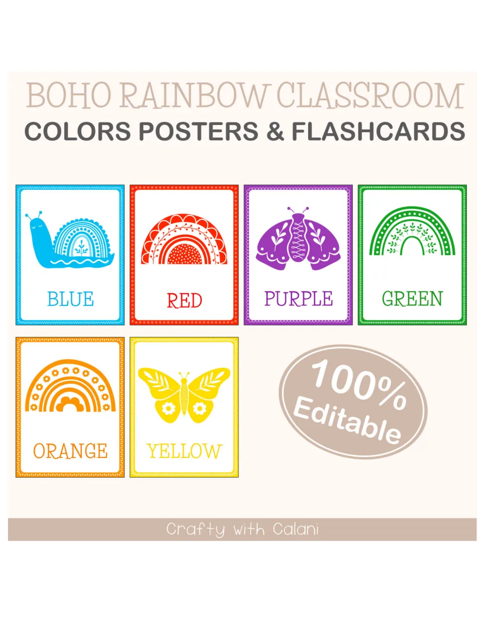 Boho Rainbow Classroom colors posters and flashcards cover showing blue, red, purple, green, orange and yellow cards