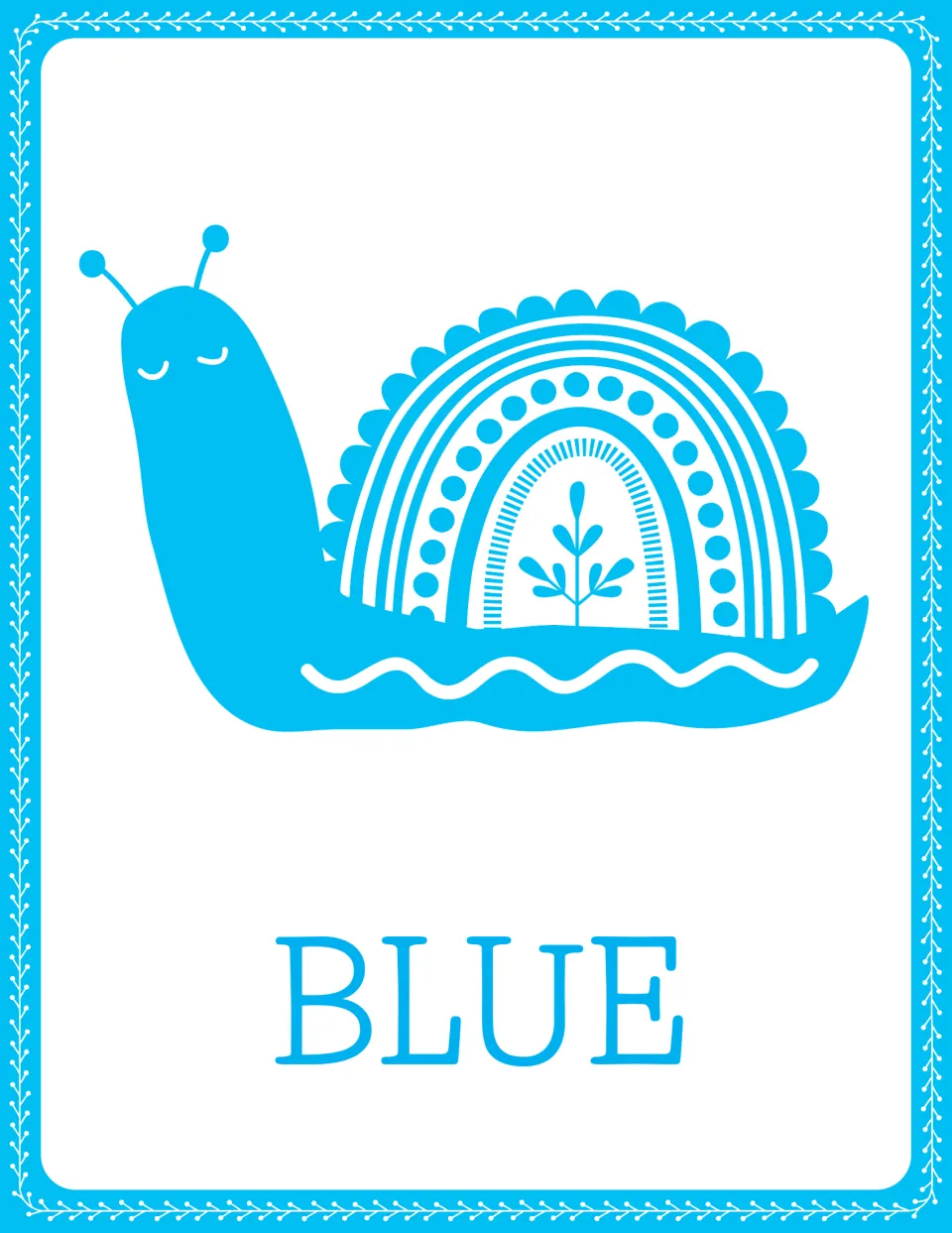Color word poster for BLUE: a blue folk-style snail with a rainbow shell above the word, for naming and matching colors