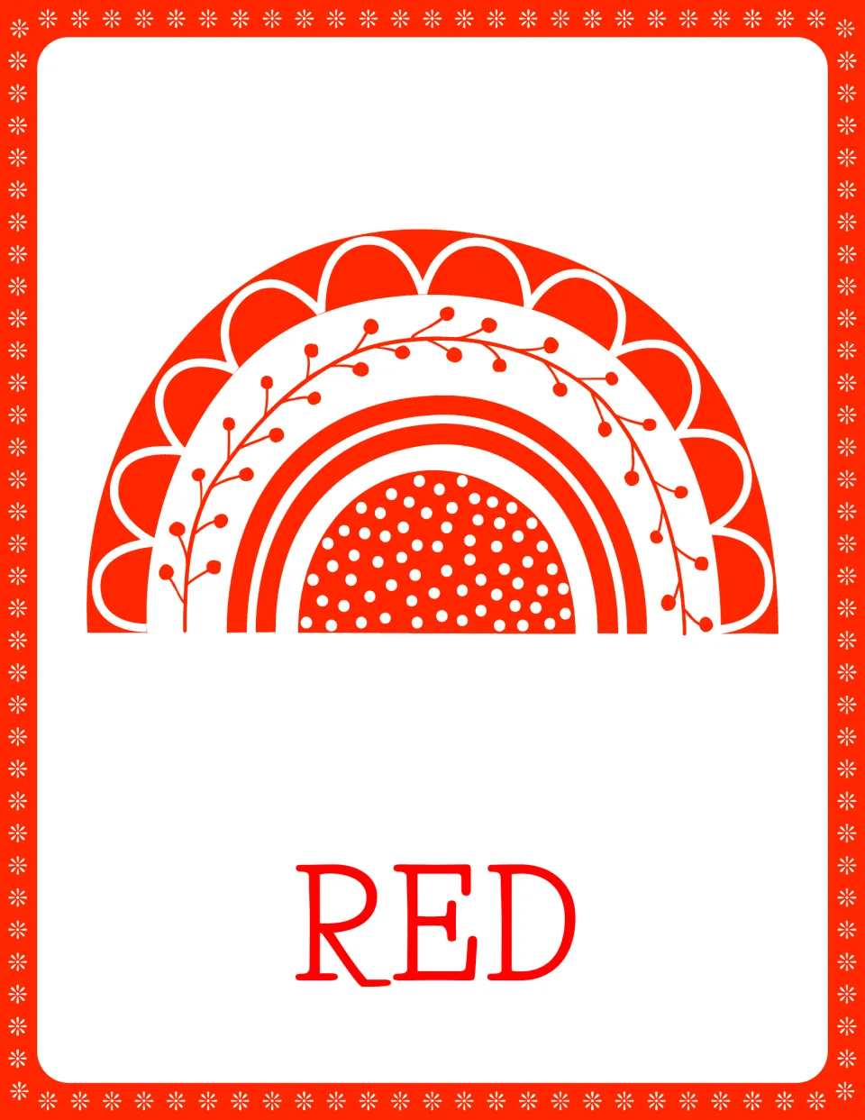 Color word poster for RED: a red rainbow decorated with scallops, berry vines and dots, with the word RED written below