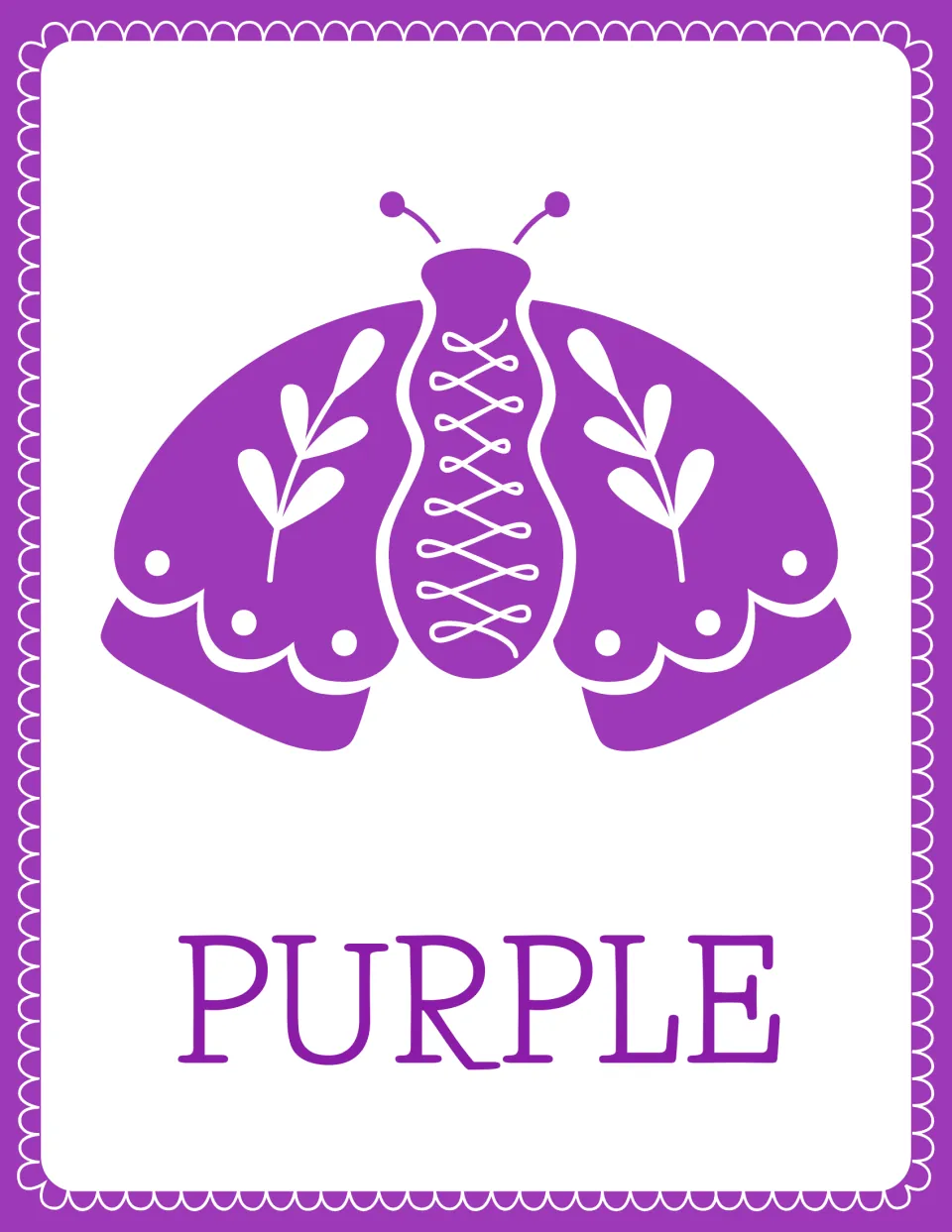 Color word poster for PURPLE: a purple moth with leaf designs on its wings above the word, for recognizing purple