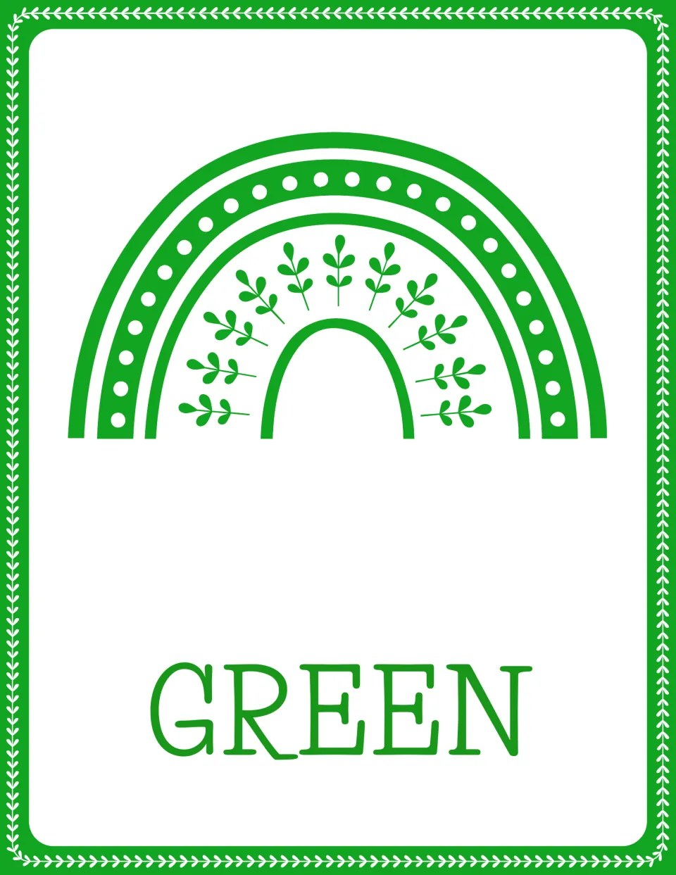 Color word poster for GREEN: a green rainbow with dots and leafy sprigs inside, with the word GREEN underneath