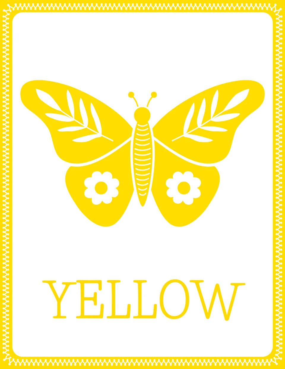 Color word poster for YELLOW: a yellow butterfly with leaf and flower shapes on its wings above the word YELLOW