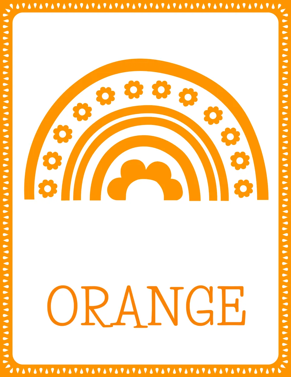 Color word poster for ORANGE: an orange rainbow ringed with small flowers and a cloud at its center, labeled ORANGE