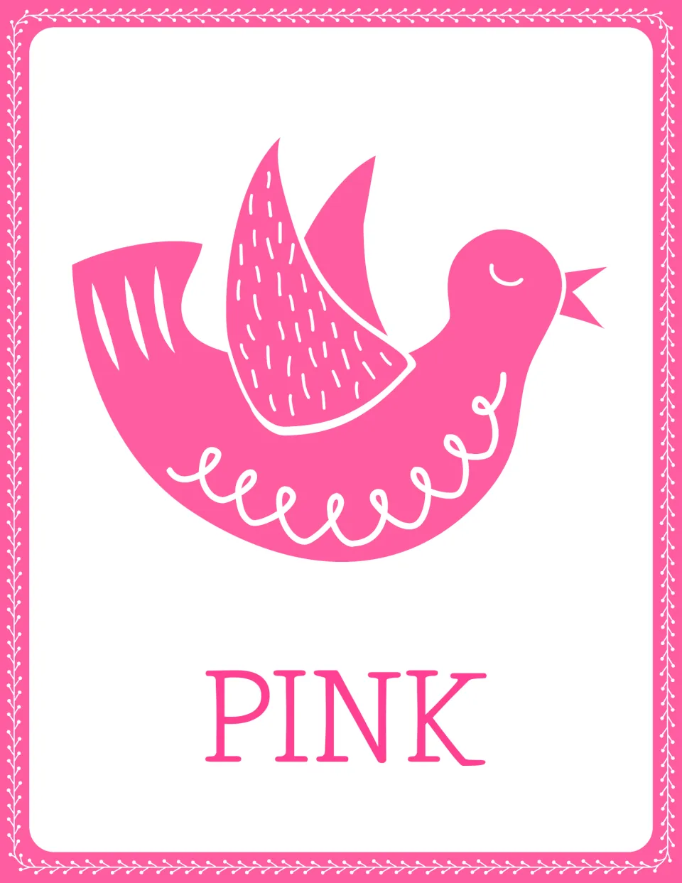 Color word poster for PINK: a pink folk-art bird with a patterned wing and swirls on its body, with the word PINK below