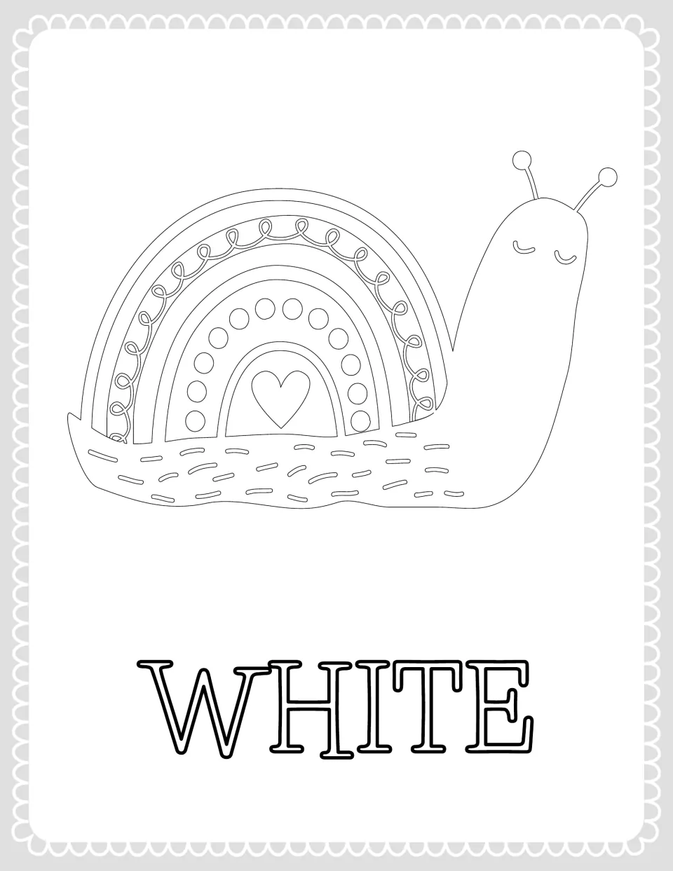 Color word poster for WHITE: an outlined snail with a heart and dot rainbow shell and outlined letters spelling WHITE