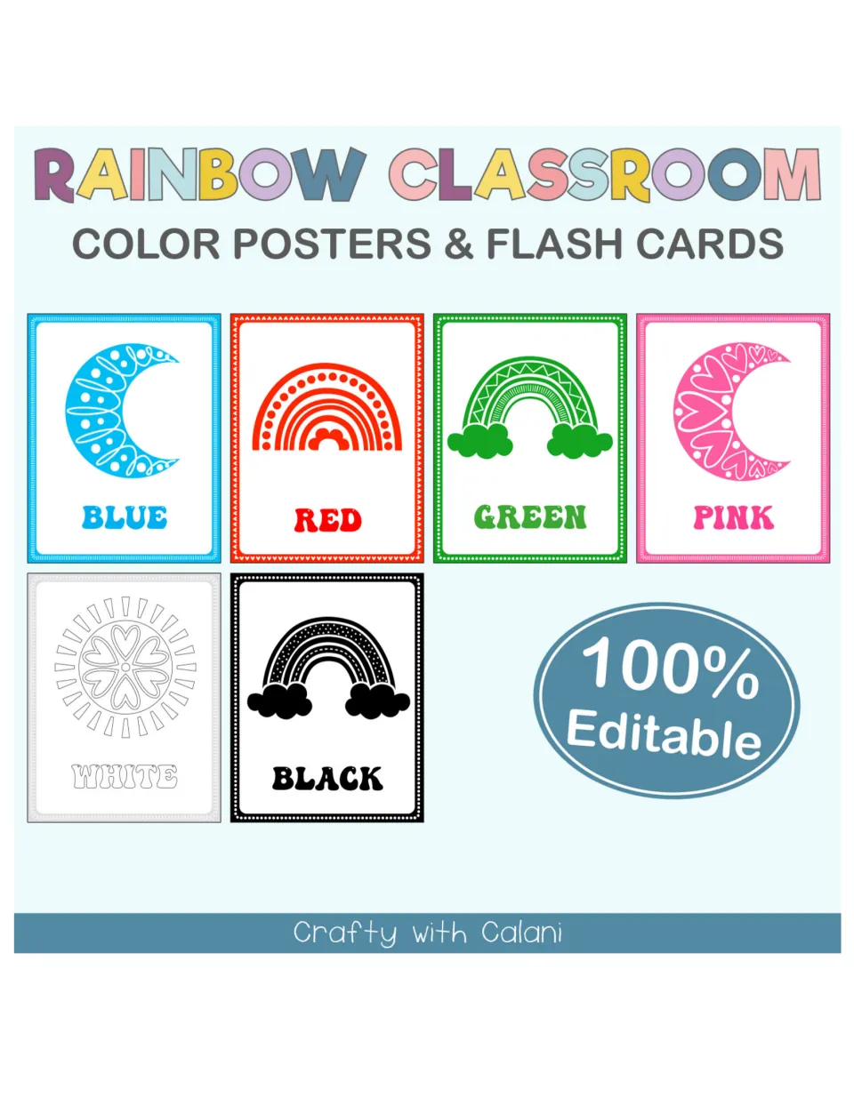 Rainbow Classroom Color Posters & Flash Cards cover showing blue, red, green, pink, white and black sample cards
