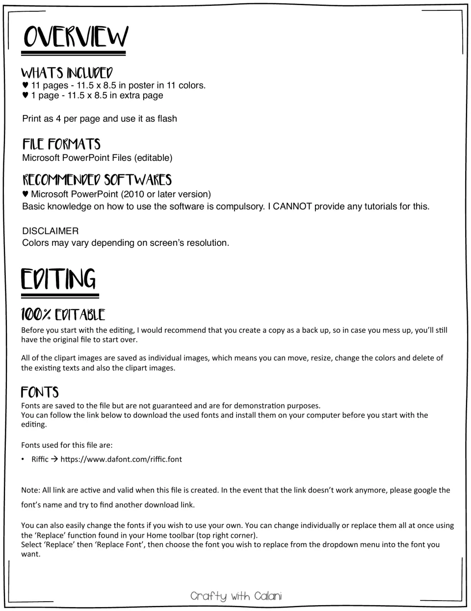 Overview and editing notes: 11 color posters plus an extra page, PowerPoint format, flash card tip, Riffic font