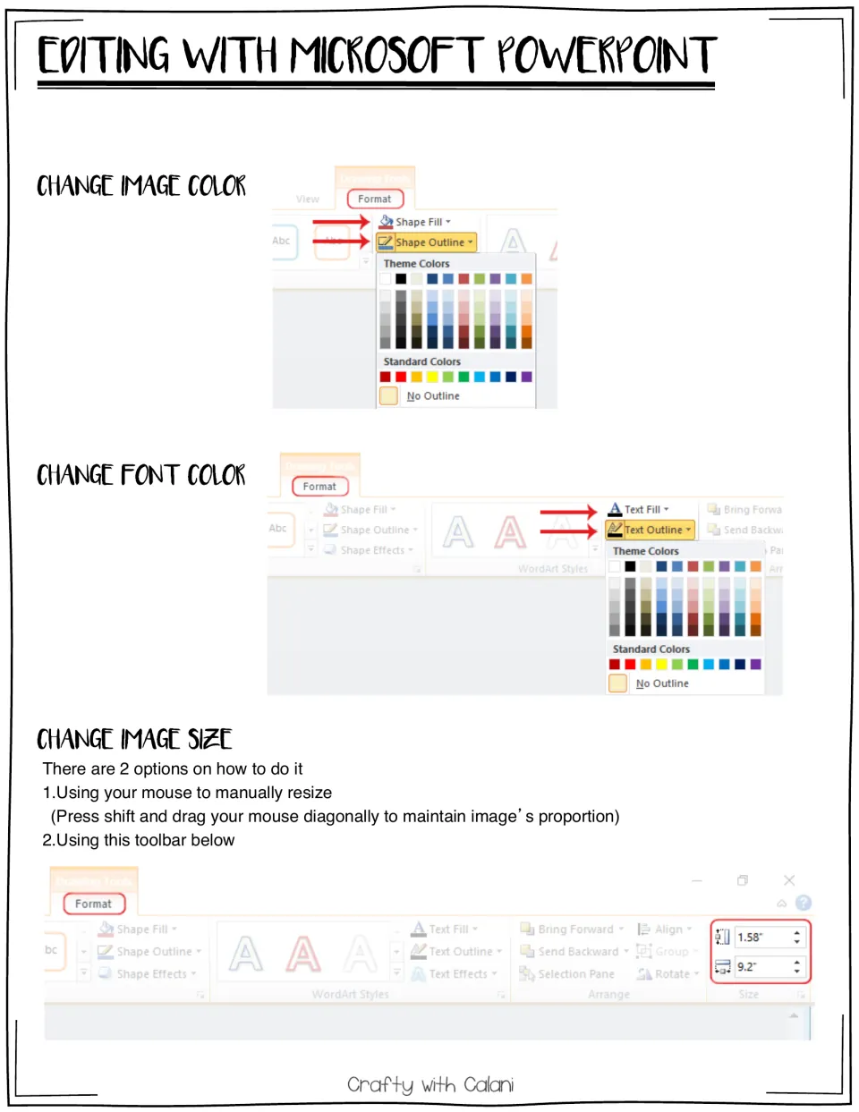 Editing with Microsoft PowerPoint: Format tab screenshots for changing image color, font color and image size
