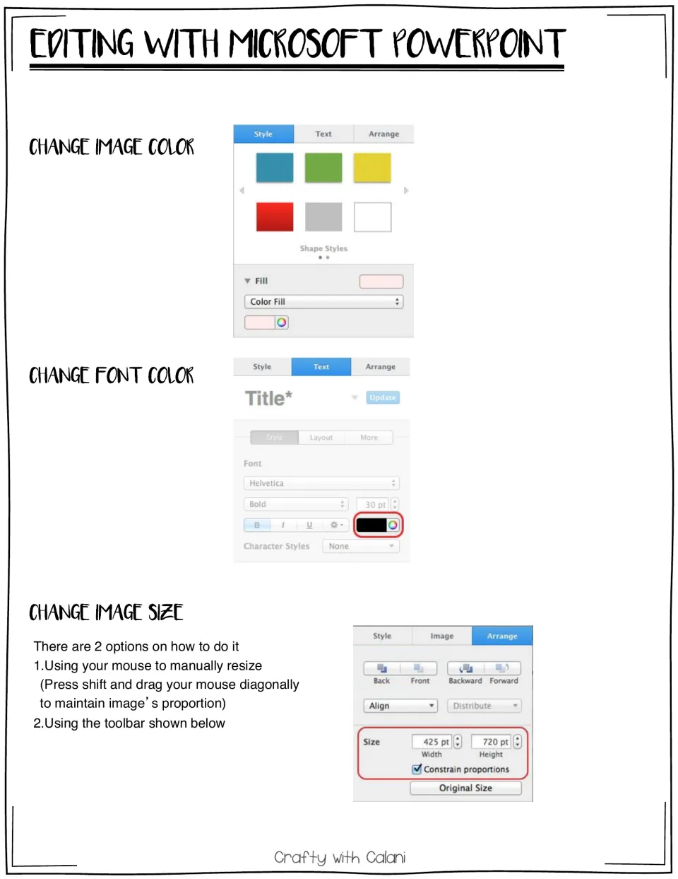 Second PowerPoint editing guide: Style, Text and Arrange panels for changing image color, font color and size