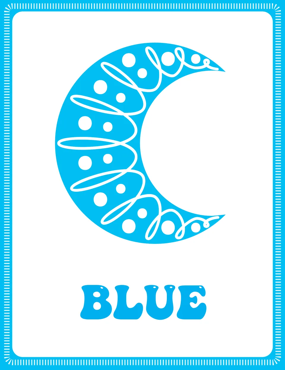 Blue color poster: the word BLUE under a blue crescent moon with white dots and loops, for color word recognition