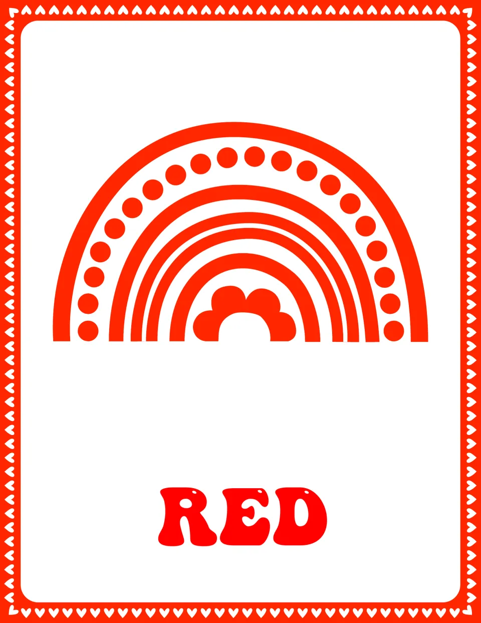 Red color poster: the word RED under a red rainbow with a dotted arch and small cloud, for matching color names