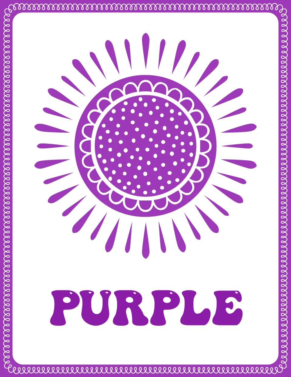 Purple color poster: the word PURPLE under a purple sun with a scalloped, dotted center, for naming purple