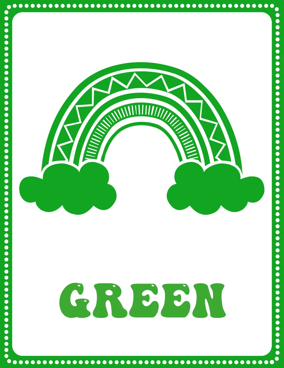 Green color poster: the word GREEN under a green zigzag-patterned rainbow resting on two clouds, for naming colors
