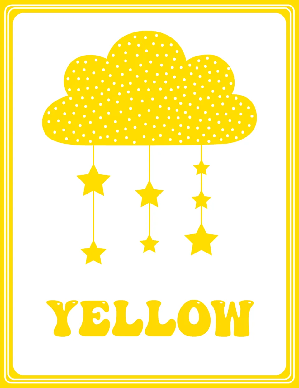 Yellow color poster: the word YELLOW under a dotted yellow cloud with hanging stars, for color word matching