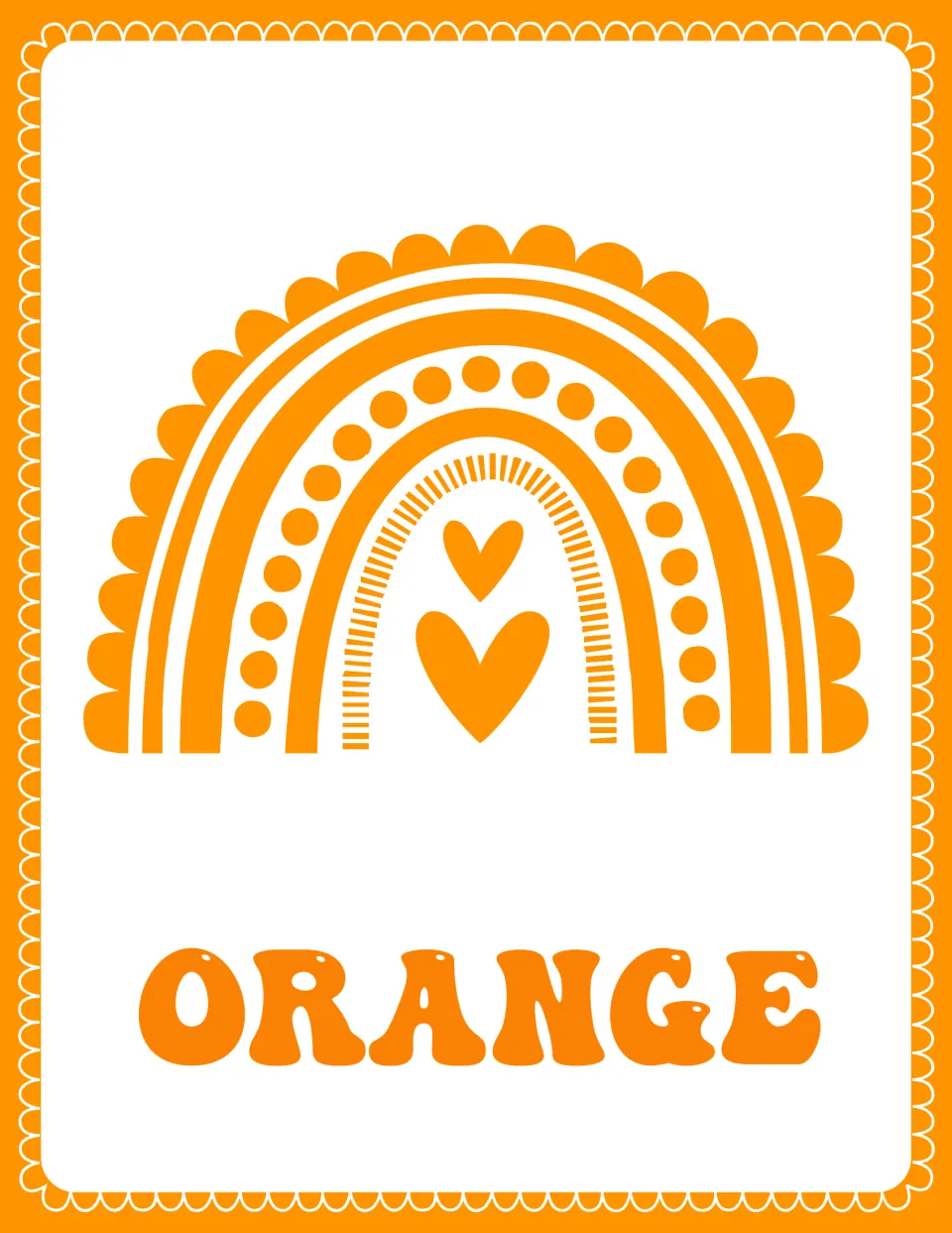 Orange color poster: the word ORANGE under an orange scalloped rainbow with dots and two hearts, for color recognition