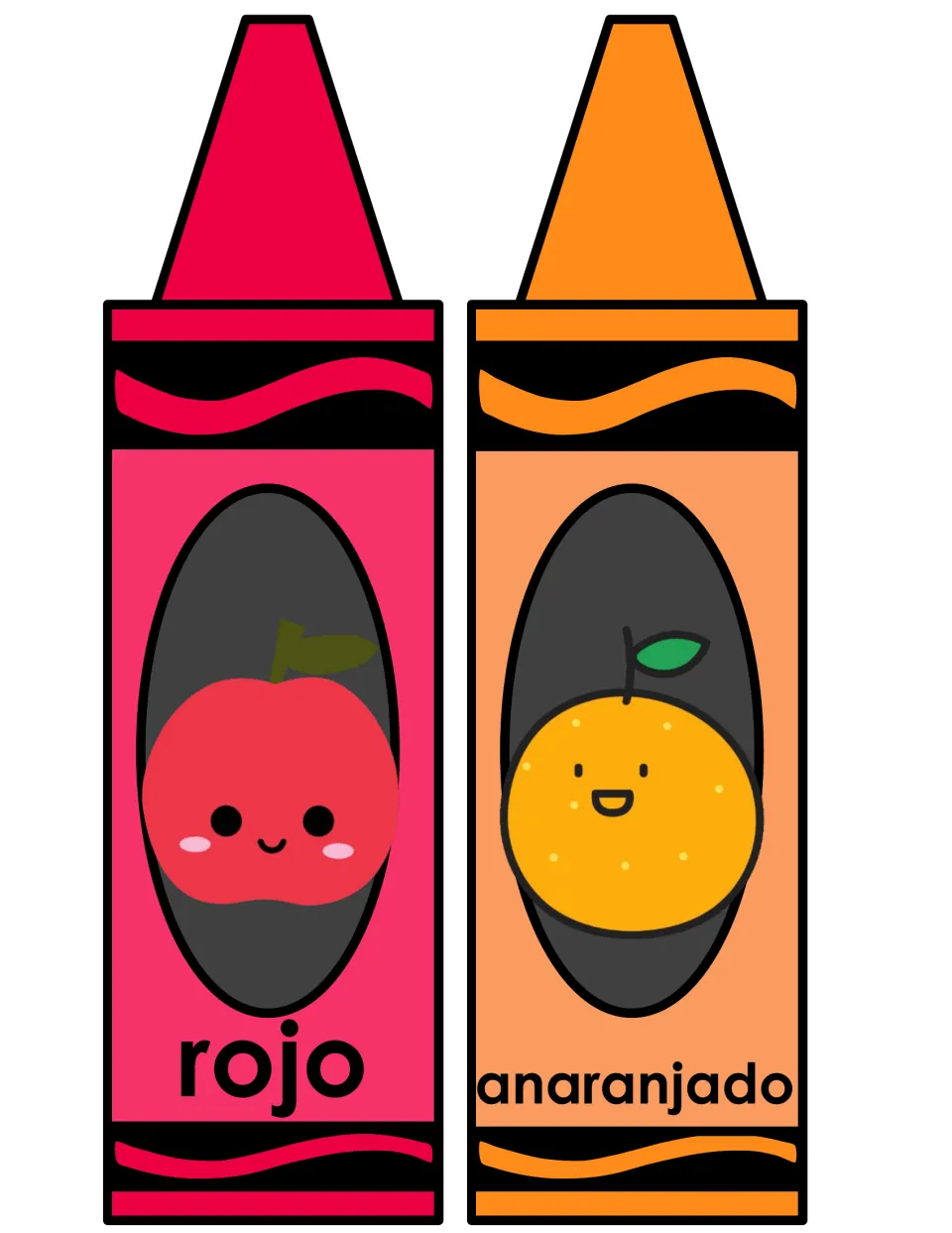 Spanish color words rojo and anaranjado on red and orange crayon posters, each with a smiling apple or orange