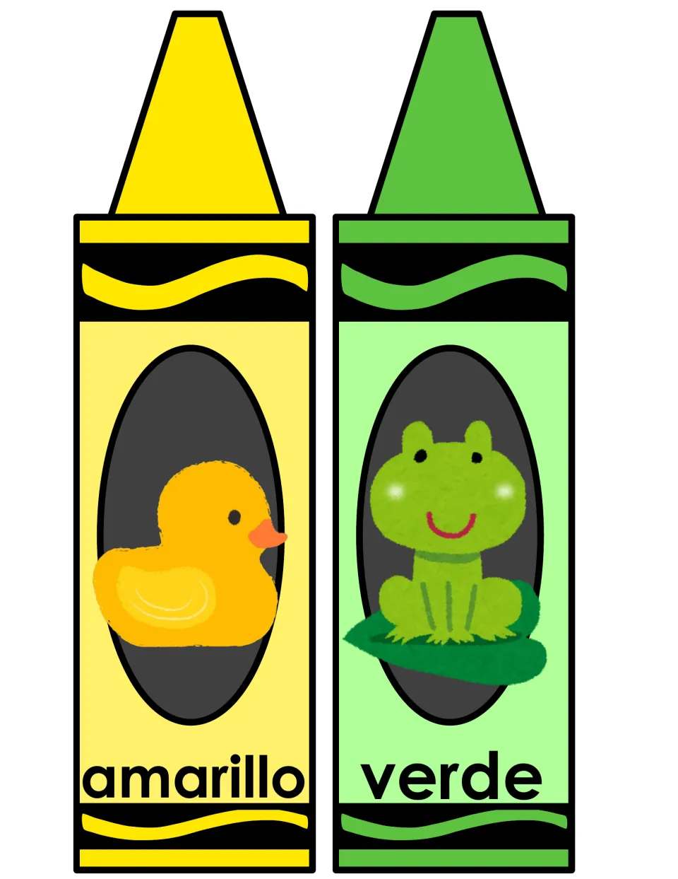 Spanish color words amarillo and verde on yellow and green crayon posters, with a rubber duck and a frog on a lily pad