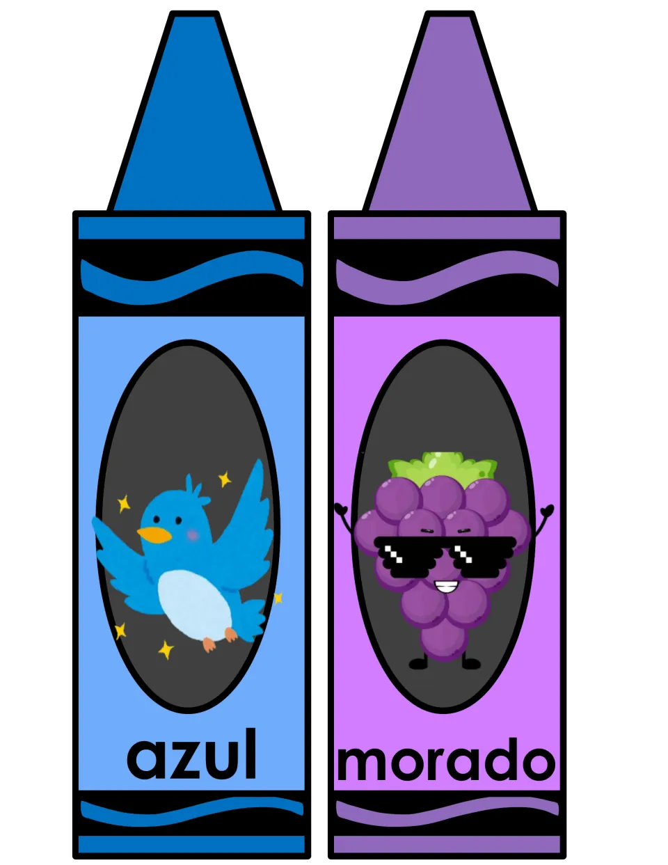 Spanish color words azul and morado on blue and purple crayon posters, with a blue bird and grapes wearing sunglasses