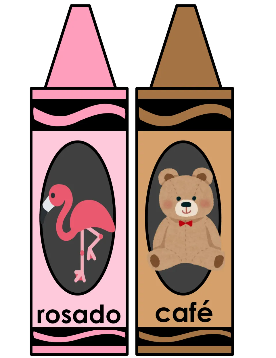 Spanish color words rosado and café on pink and brown crayon posters, with a flamingo and a teddy bear in a bow tie