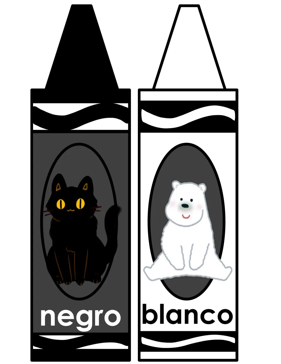 Spanish color words negro and blanco on black and white crayon posters, with a black cat and a white polar bear