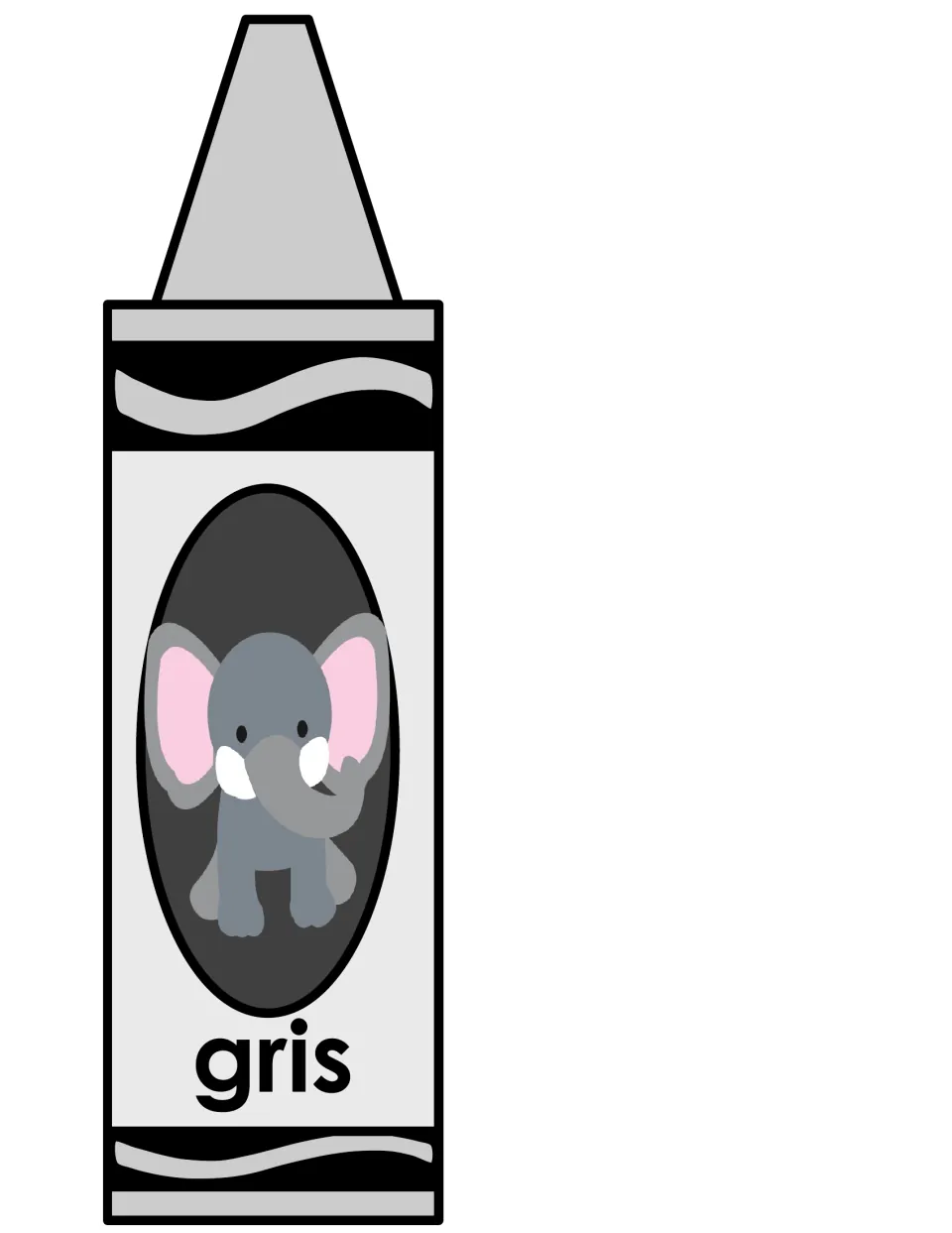Spanish color word gris on a single gray crayon poster showing a small gray elephant with pink ears