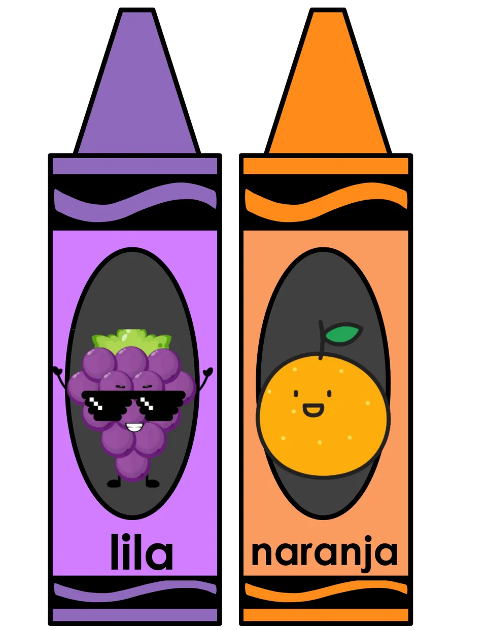 Alternate Spanish color words lila and naranja on purple and orange crayon posters, with grapes and an orange