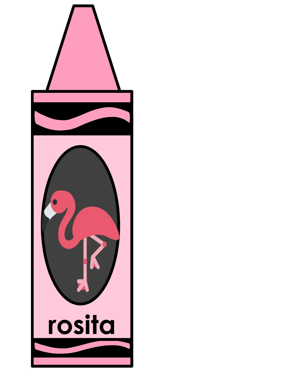 Alternate Spanish color word rosita on a single pink crayon poster with a flamingo standing on one leg