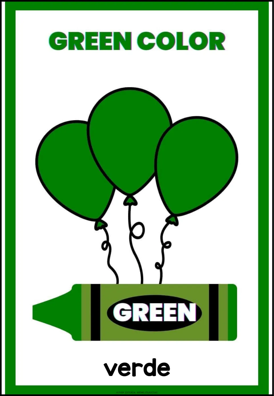 Color poster 2 of 9: verde (green), with 'Green Color', three green balloons, and a green crayon